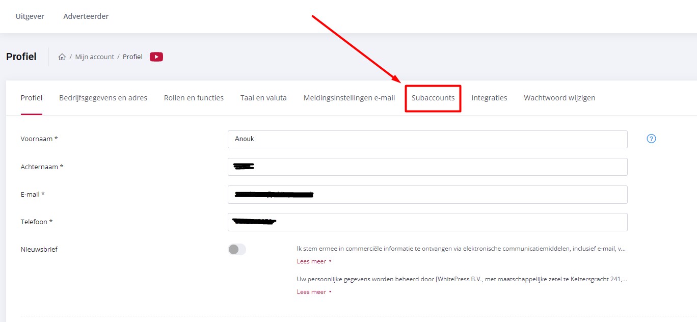 Instellingen subaccounts WhitePress