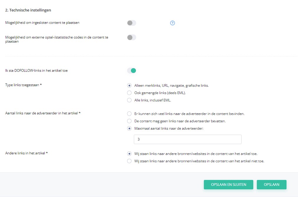 Technische instellingen aanbod