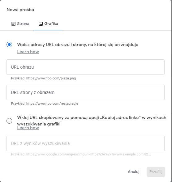 Nowa prośba o usunięcie treści z Google