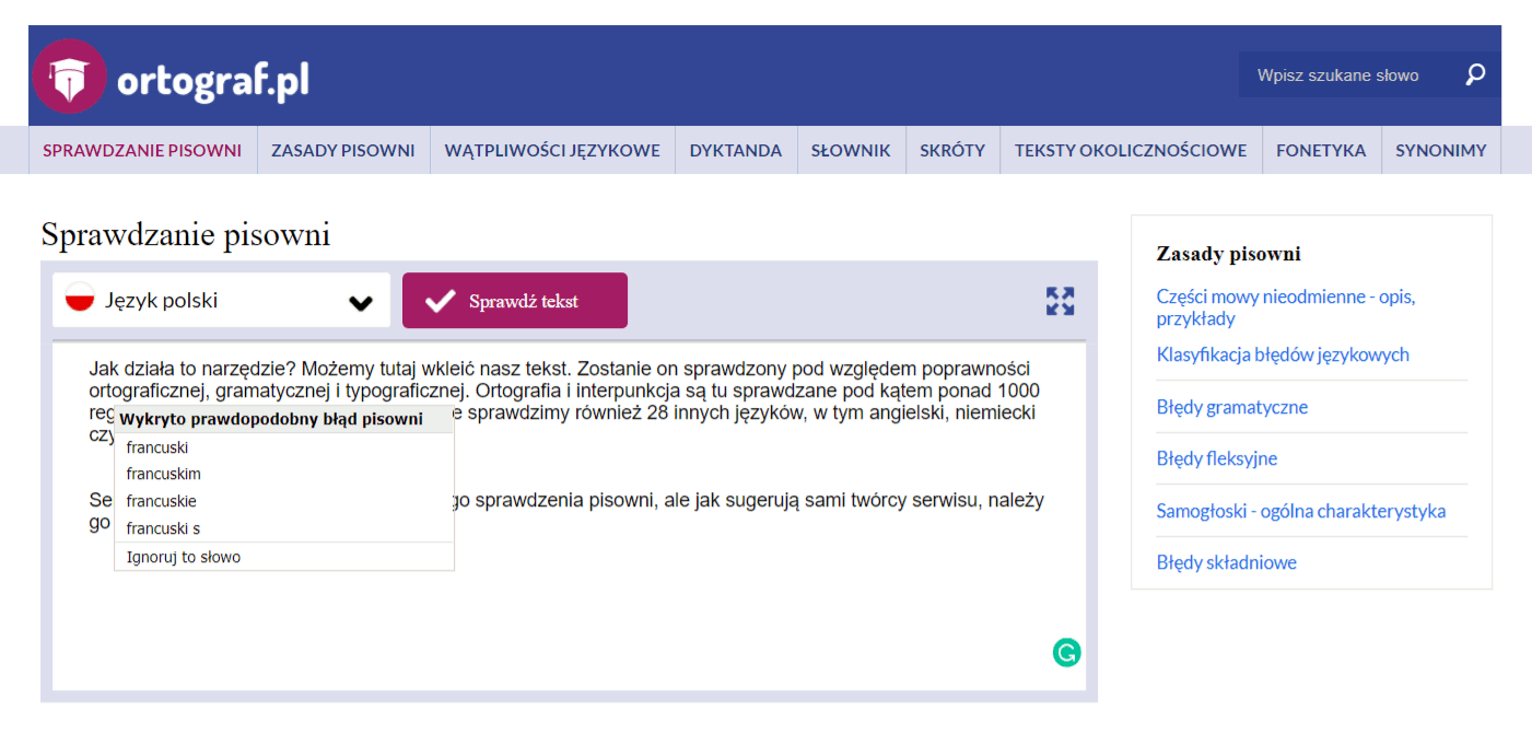 Sprawdzanie pisowni w serwisie ortograf.pl - zrzut ekranu