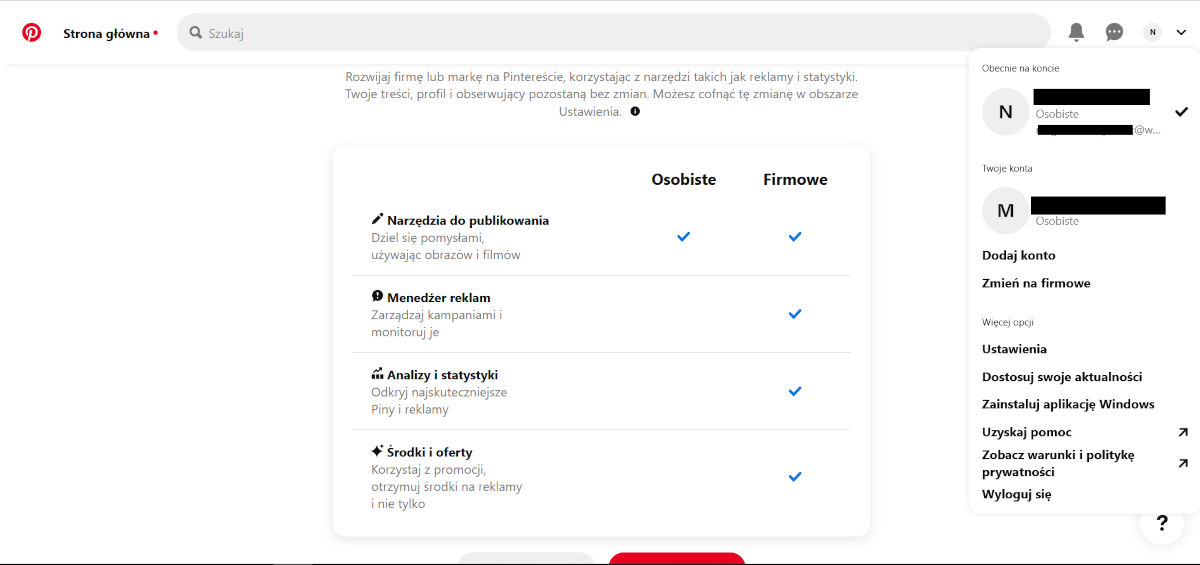 Porównanie konta osobistego i firmowego - Pinterest