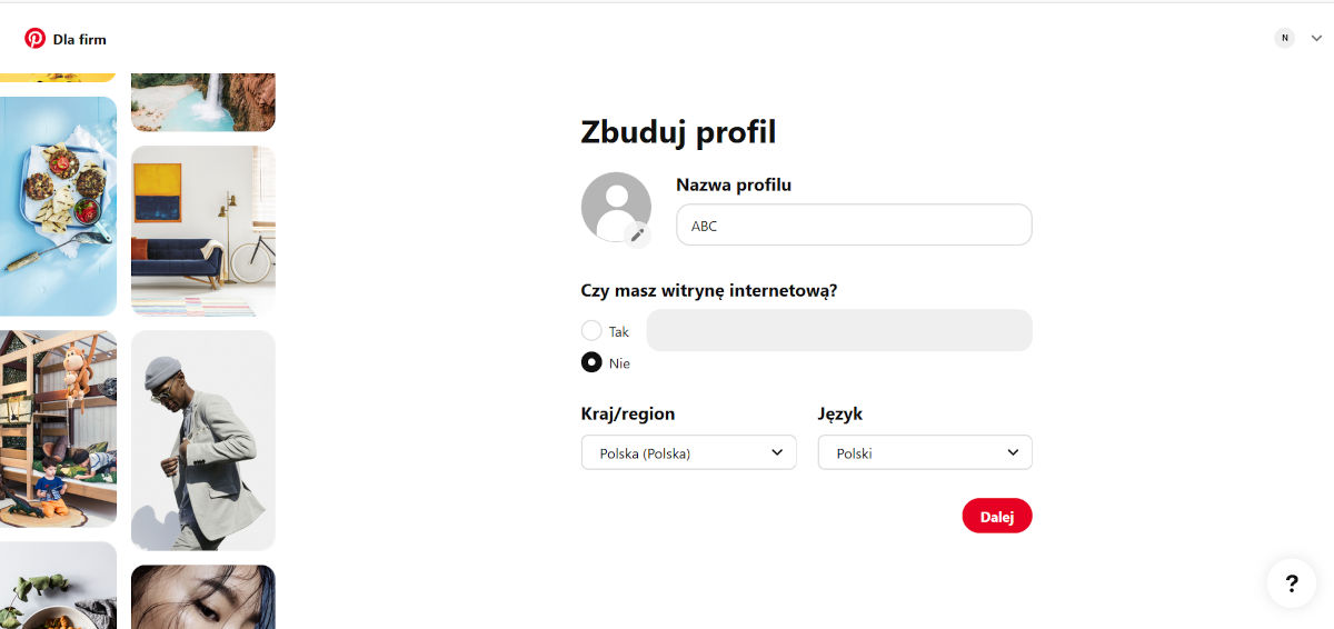 Tworzenie strony firmowej Pinterest - krok 1