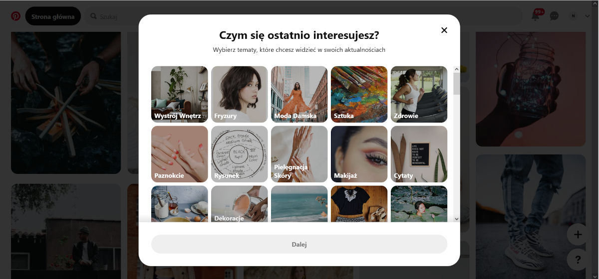 Wybór zainteresowań - zakładanie konta Pinterest