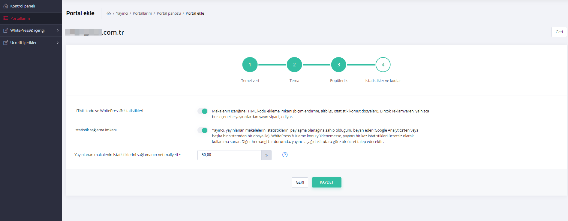 Portal eklenirken istatistik ve izinler bölümü nasıl doldurulur?