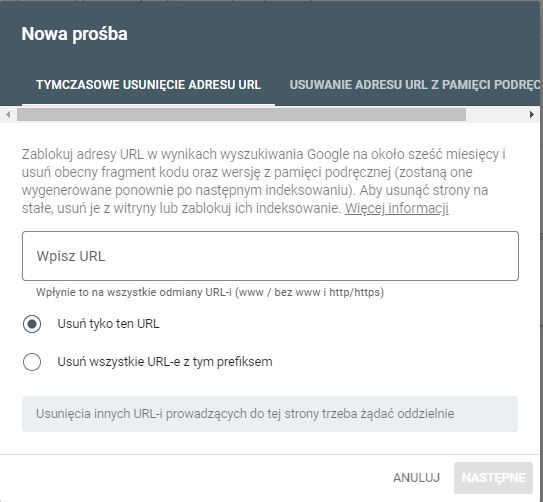 Nowa prośba o usunięcie URL