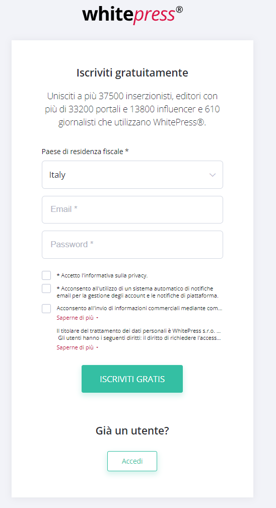 pagina di registrazione 