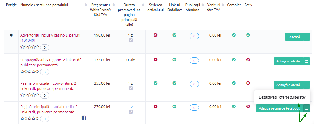 Dezactivare ofertă sugerată