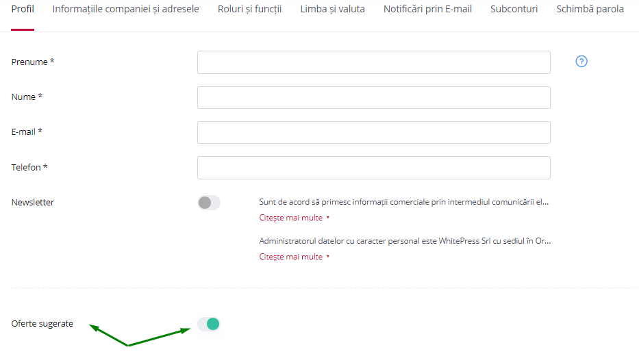 Dezactivare oferte sugerate la nivel de cont