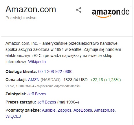 Screen z wyszukiwarki po wpisaniu frazy "amazon"