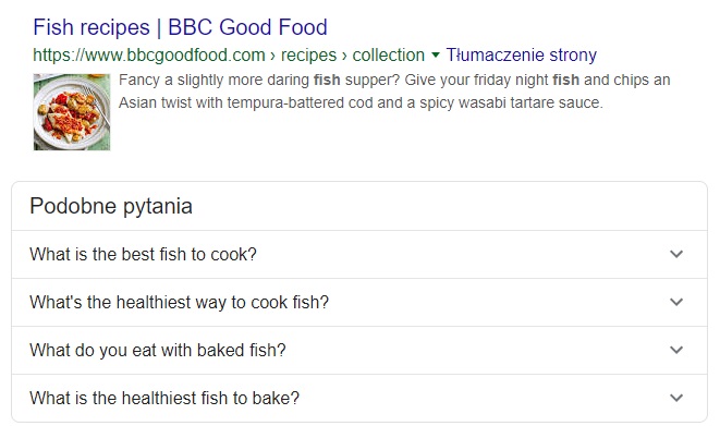 Screen z Google wyniki wyszukiwania na hasło "fish recipes"