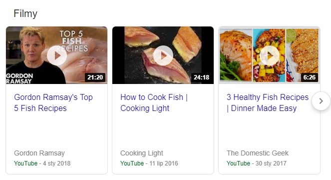 Skrinshot z Google rezul’taty poshuku za frazoyu "retsepty z ryby"