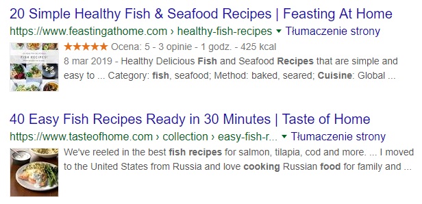 Skrinshot z Google rezul’taty poshuku za frazoyu "retsepty z ryby"