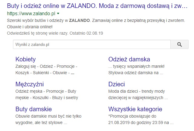 Screen z wyszukiwarki po wpisaniu frazy "zalando"