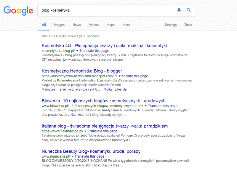 wyniki wyszukiwania w google SERP