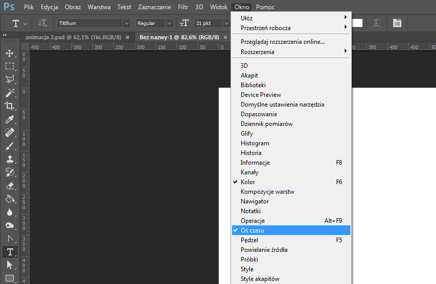 oś czasu w zakładce okno w programie photoshop
