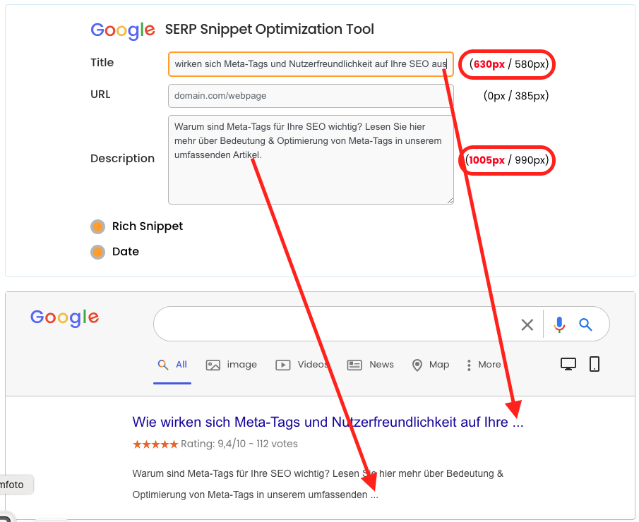 Meta Tags Zeichenlimit einhalten