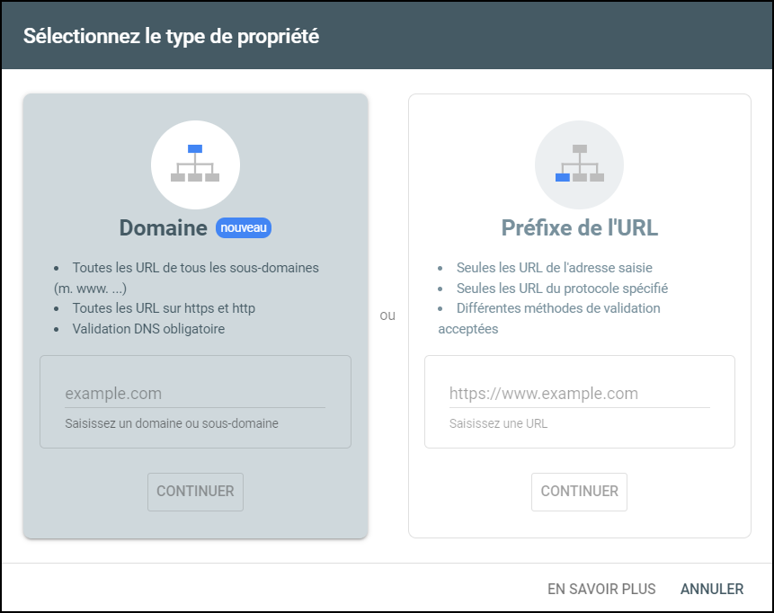 Vue de la configuration d'un compte Google Search Console