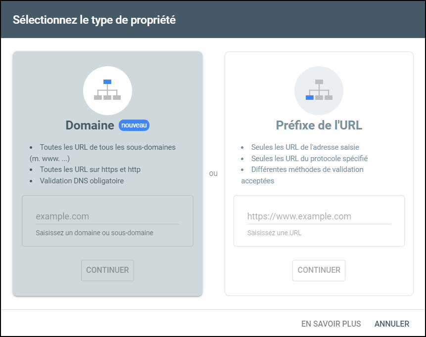 Vue de la configuration d'un compte Google Search Console