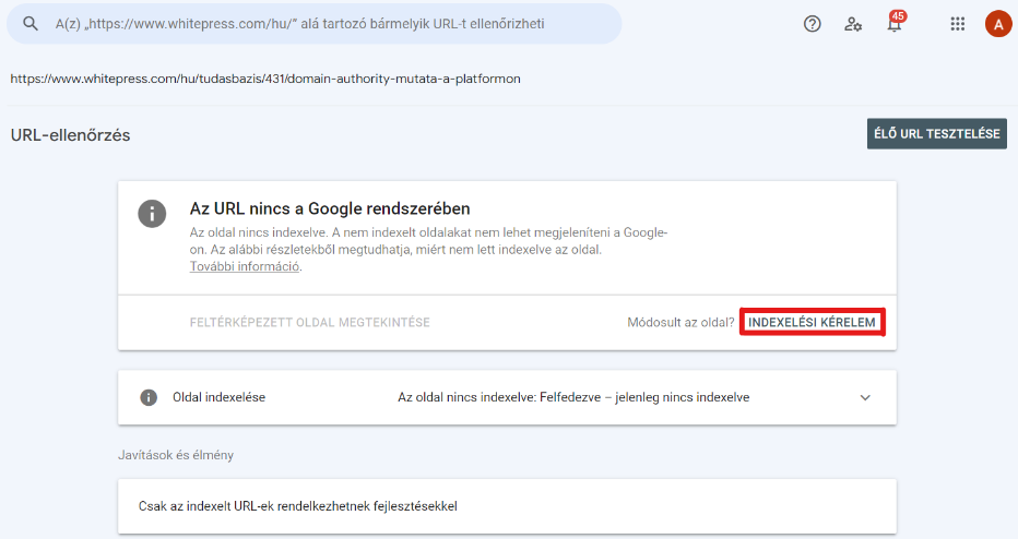  Indexelési kérelem benyújtása egy adott URL-hez a Google Search Console-ban.