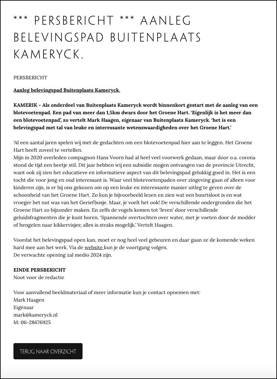 persbericht van Buitenplaats Kameryck