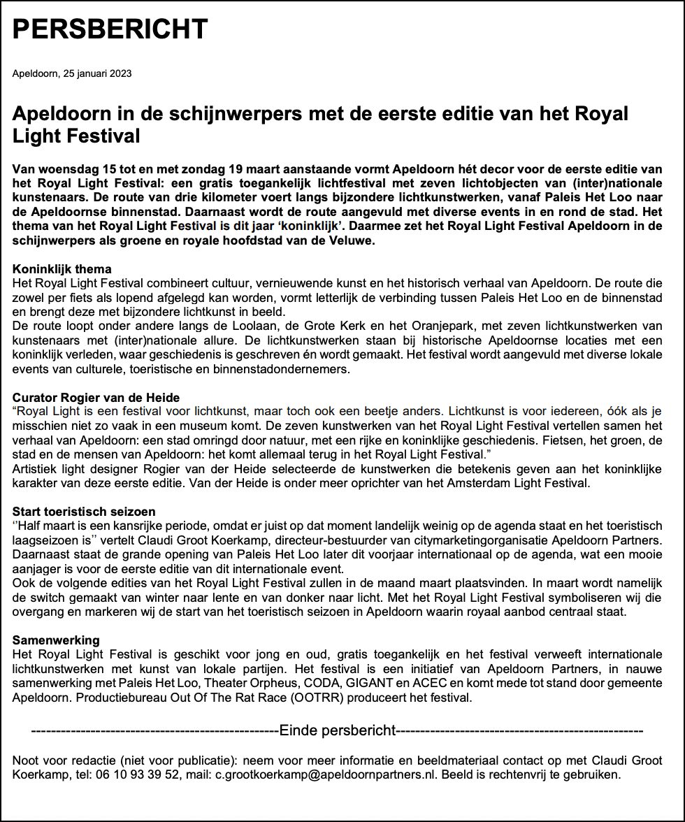 persbericht van Royal Light Festival