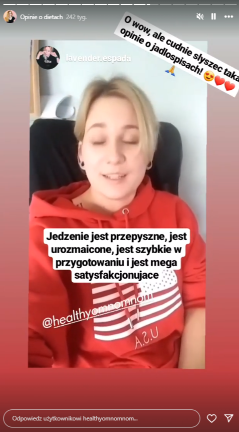 Udostępnienie postów klientów z opiniami na temat produktów na przykładzie profilu IG Opinie o dietach