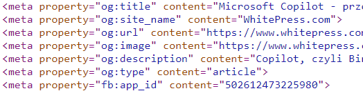 przykład kodu strony z wyróżnionymi open graphami