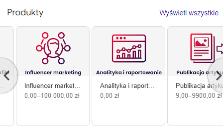 widok produktów w profilu firmy w google
