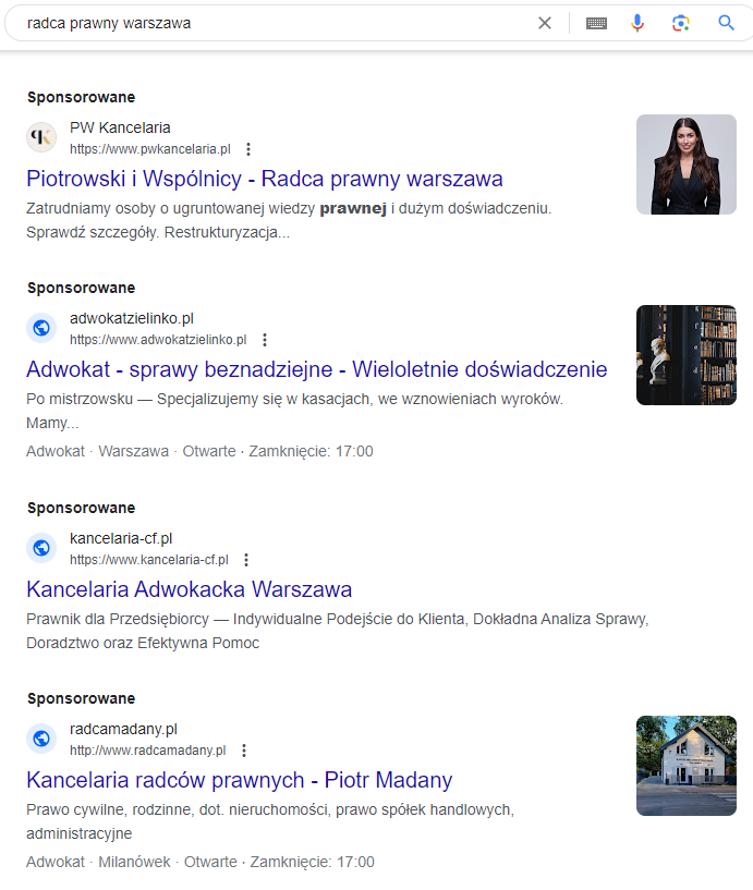 reklama radców prawnych sponsorowana w google 