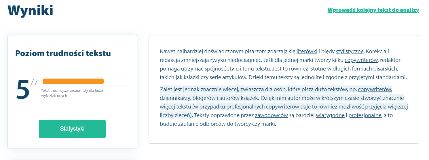 Działanie narzędzia Jasnopis - ocena poziomu przejrzystości tekstu.