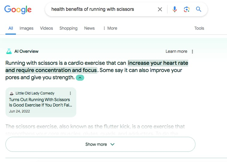 Przykład generowania błędnych wyników AI Overviews na zapytanie "health benefits of running with scissors"
