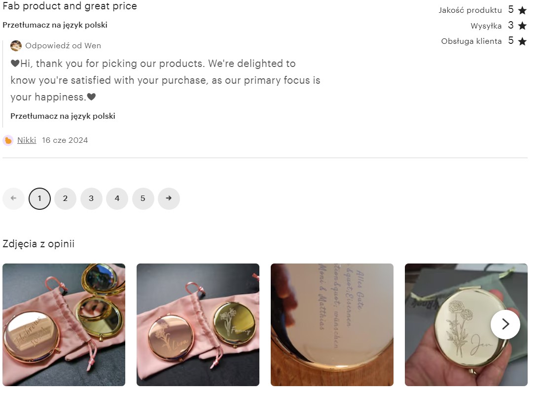 Przykład komentarzy z możliwością dodania grafiki na portalu etsy.com