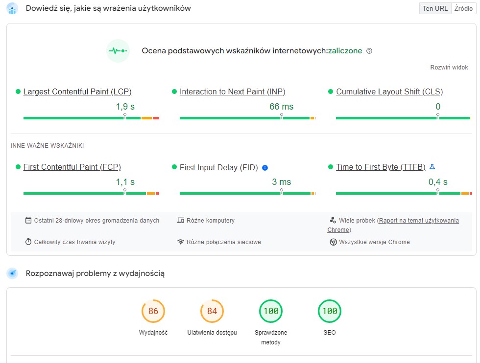 podstawowe wskaźniki internetowe raport pagespeed insights