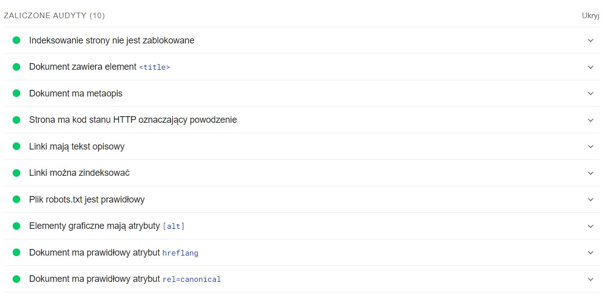 raport zaliczonych audytów pagespeed insights