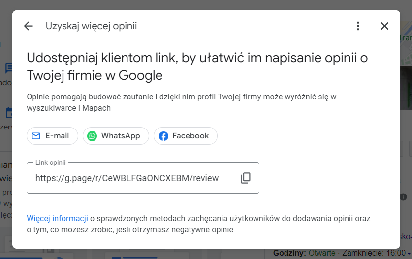 udostepnianie linku do opinii google maps