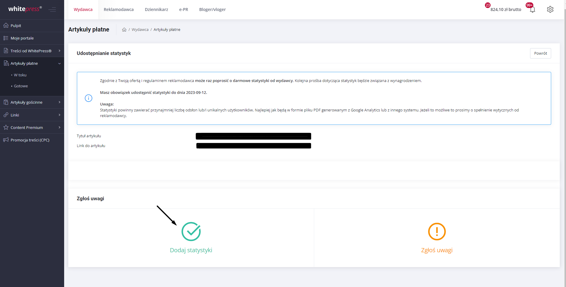 Przesyłanie statystyk wyświetleń publikacji do panelu WhitePress