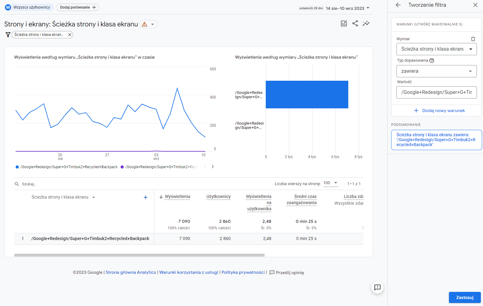 Wybór adresu URL w raporcie Strony i ekrany w Google Analytics 4