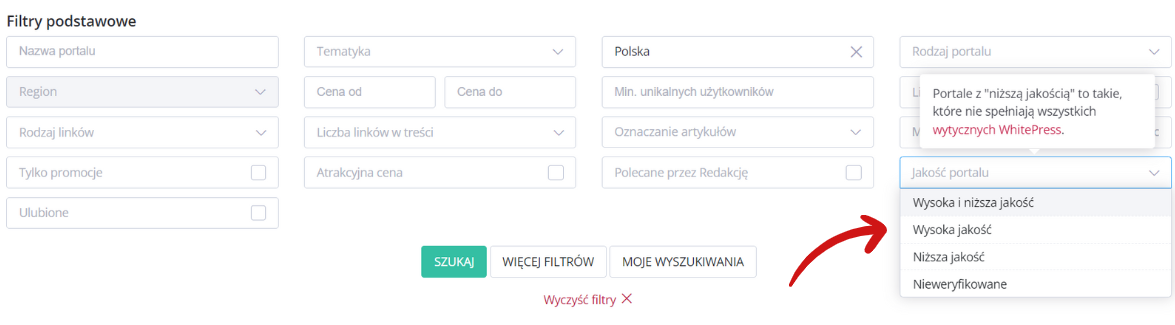 Filtrowanie po jakości portali