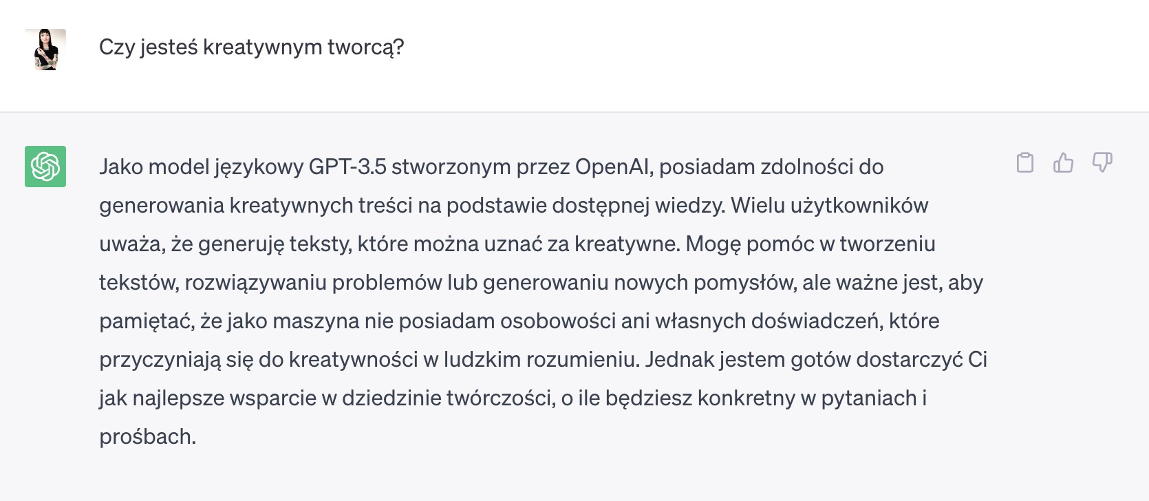 Screenshot zapytania do ChataGPT czy jest kreatywnym twórcą