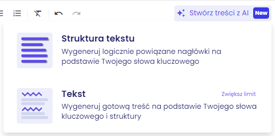 Wybór przygotowania struktury tekstu we Writerze AI od Senuto.