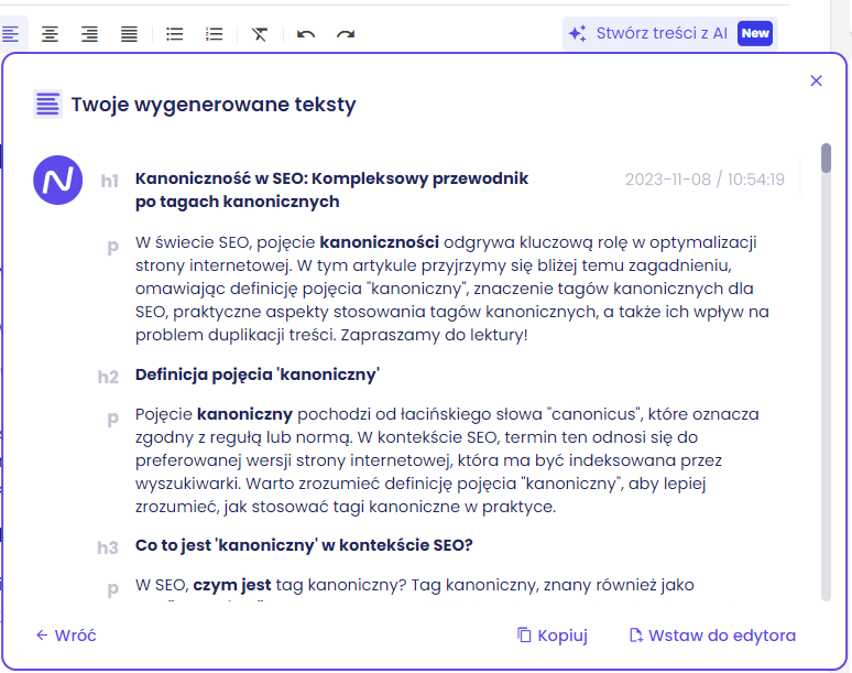 Propozycja treści wygenerowanej przez Writer AI od Senuto.