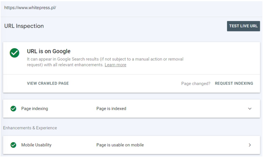 url inspection weryfikacja indeksacji google search console