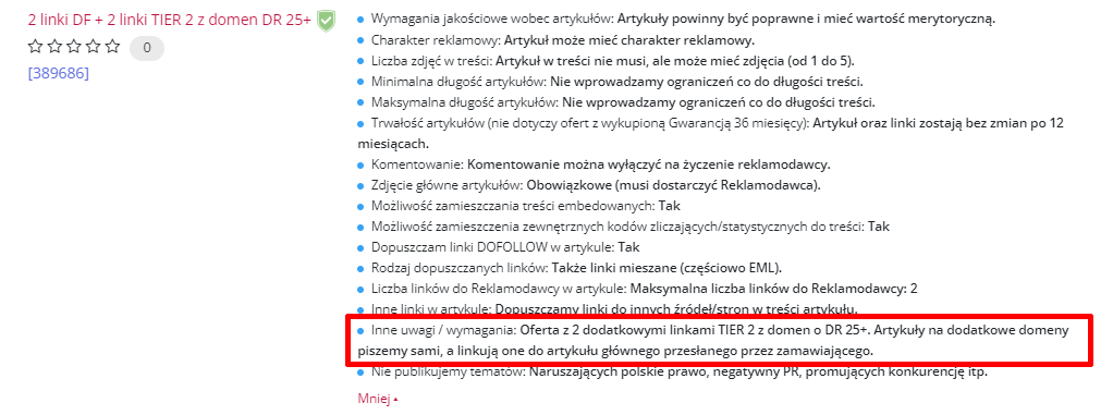 Przykładowy widok oferty z dodatkową opcją linkowania Tier 2