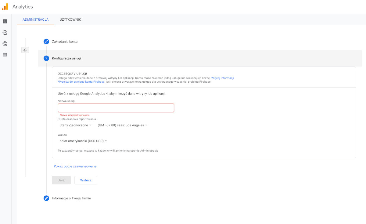 ekran zakładanie konta google analytics 4