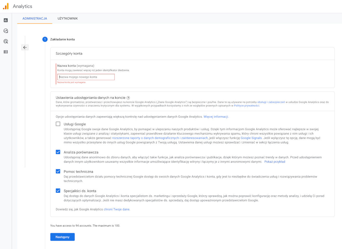 ekran zakładanie konta google analytics 4