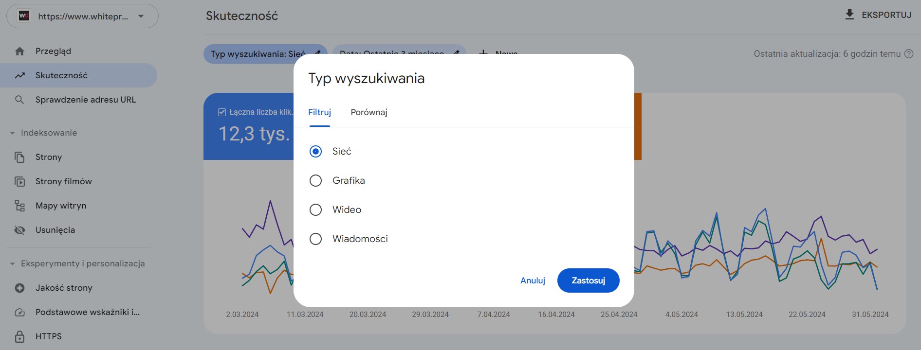 Ekran wyboru typu wyszukiwania w Google Search Console