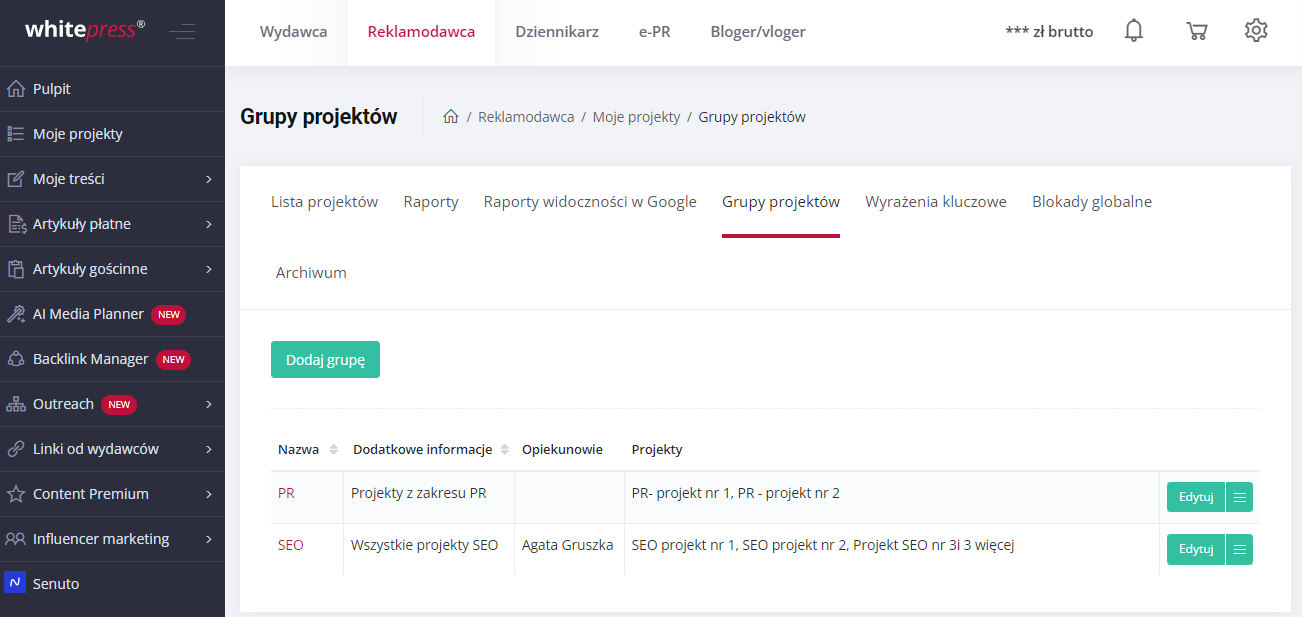 Grupowanie projektów w platformie WhitePress