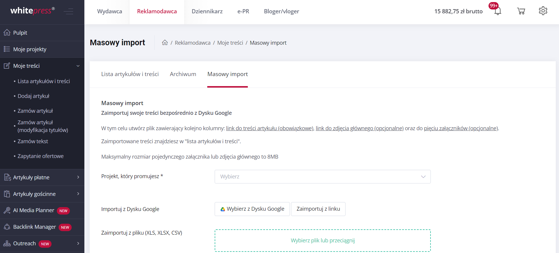 Widok funkcji masowy import treści w platformie WhitePress