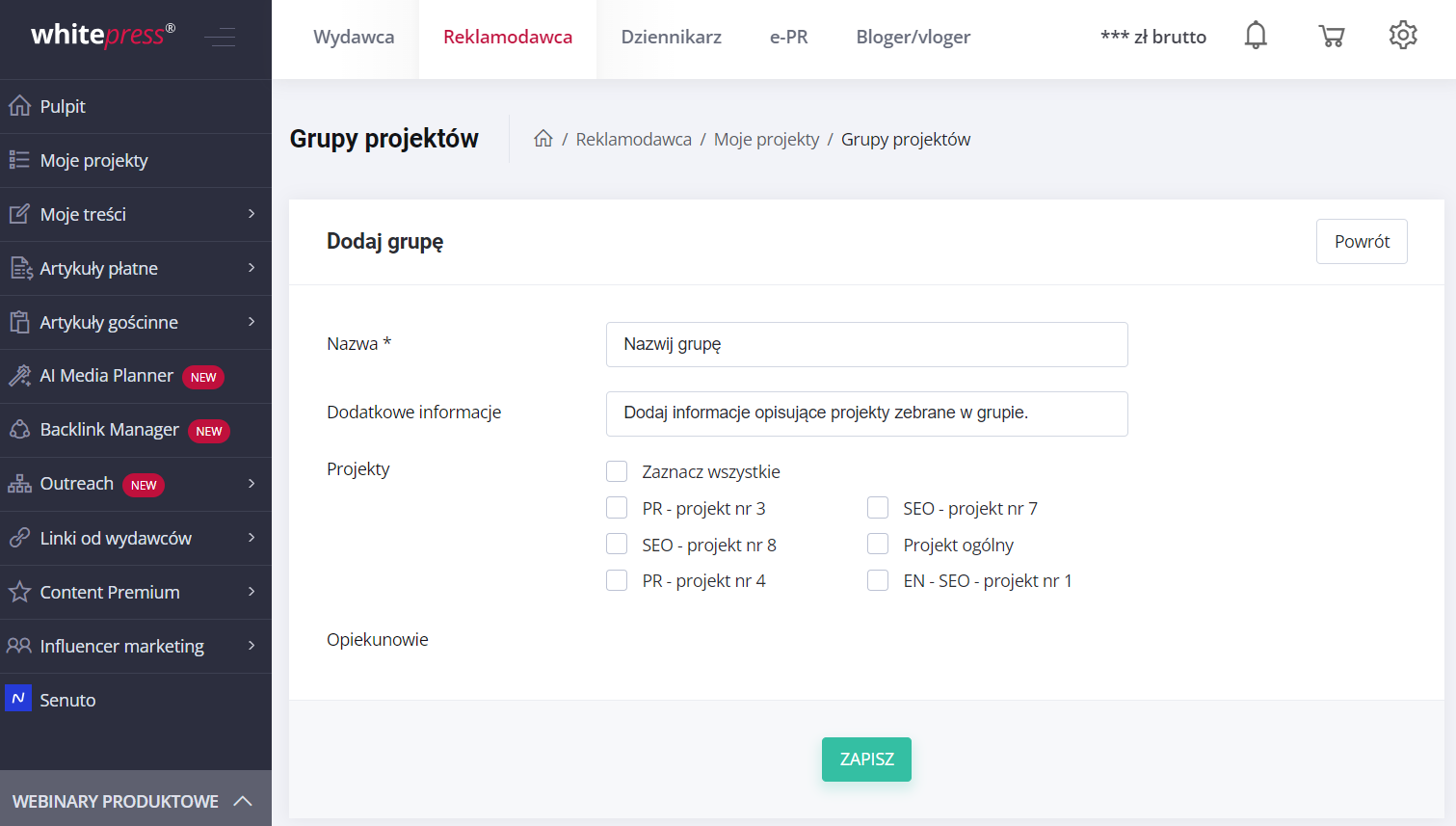 Widok tworzenia grupy projektów w platformie WhitePress