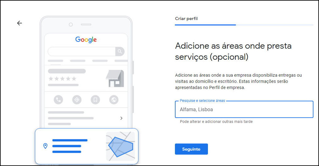 Adicione áreas onde presta serviços